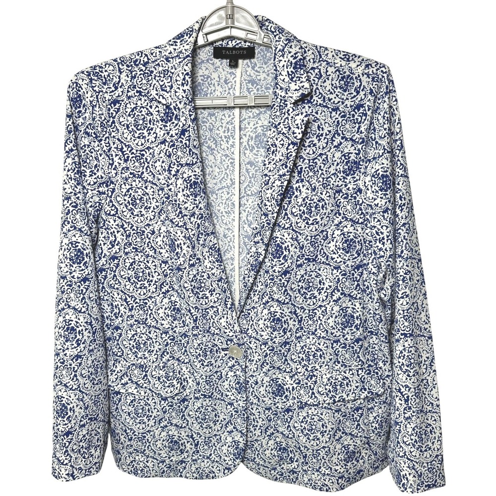 Talbots Blazer Women Large Blue White Medallion One Button Stretch Knit Jacket